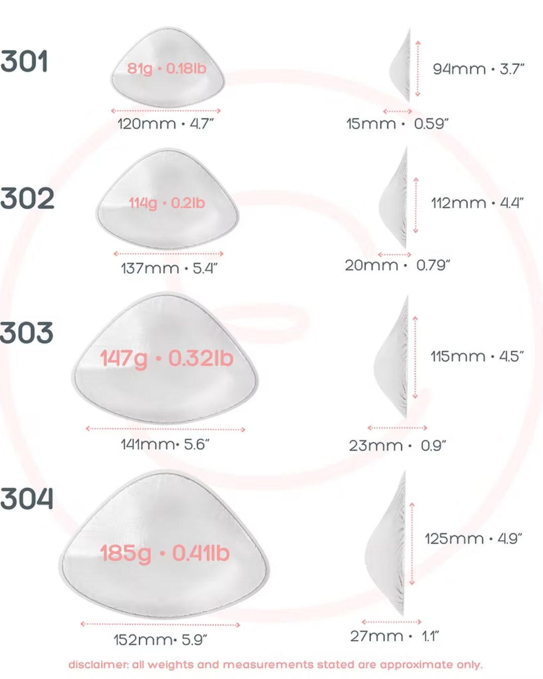image showing dimensions of evenly bra balancer 301-304