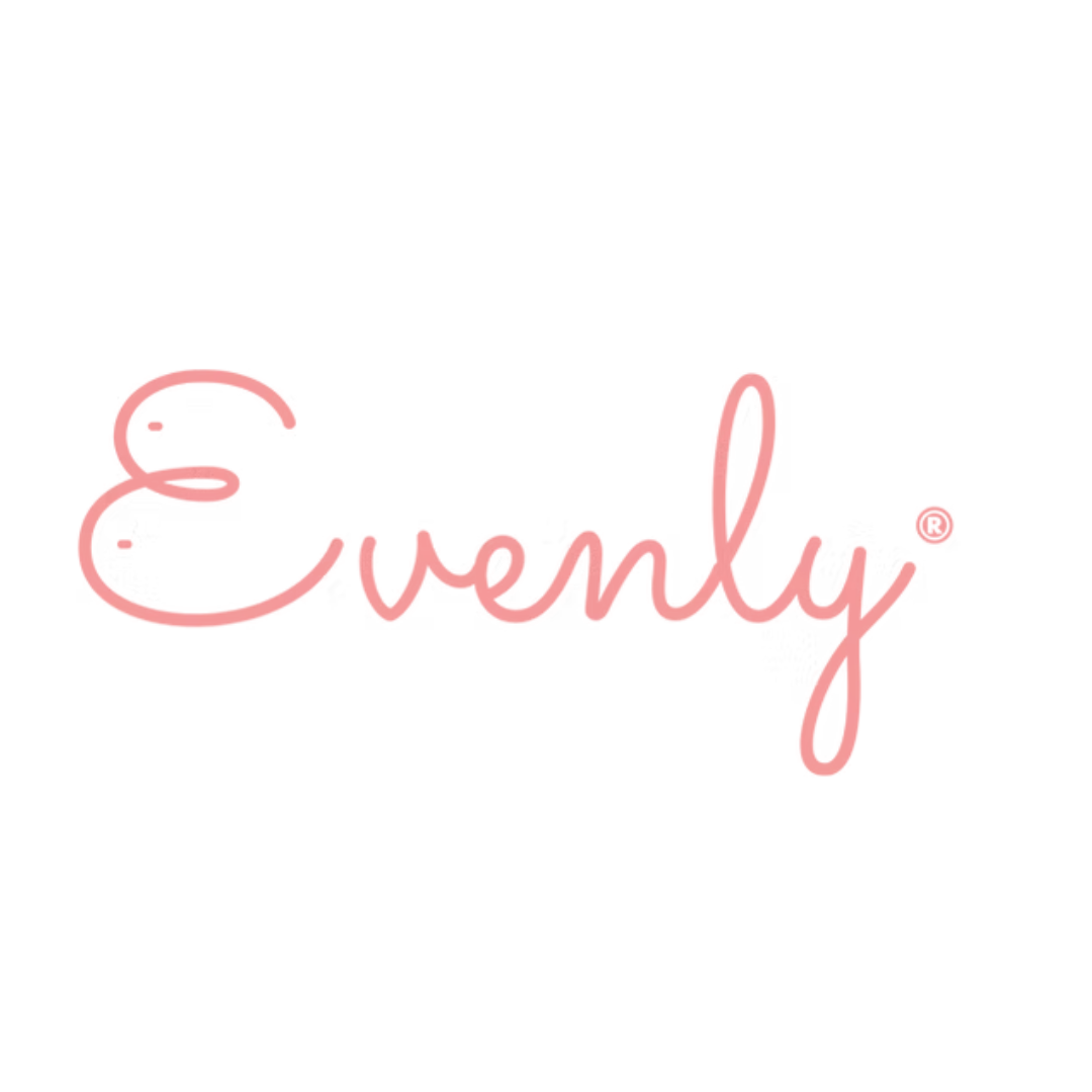 Pink 'Evenly' logo on a white background