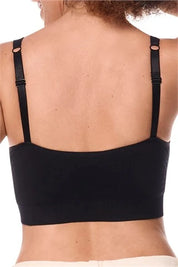 Amoena post surgery bra, Emilia,  an adjustable strap bra with bilateral pockets for prosthesis, front zip closure, and integrated mesh panels. It is suitable for breast surgeries like reconstruction, reduction, augmentation, and mastectomy. The garment also features a hook and loop fastener flap for compression belt attachment. Experience gentle support with the Amoena Emilia post surgery bra 