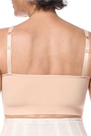Amoena post surgery bra, Emilia,  an adjustable strap bra with bilateral pockets for prosthesis, front zip closure, and integrated mesh panels. It is suitable for breast surgeries like reconstruction, reduction, augmentation, and mastectomy. The garment also features a hook and loop fastener flap for compression belt attachment. Experience gentle support with the Amoena Emilia post surgery bra 