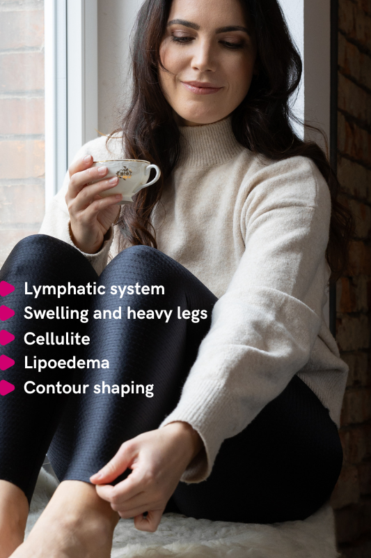 Woman sitting by a window holding a cup with text about the benefits to the flow leggings lymphatic system, leg swelling and cellulite, lipoedema, contour shaping