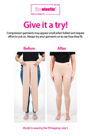 image showing the size difference between compression leggings on and off