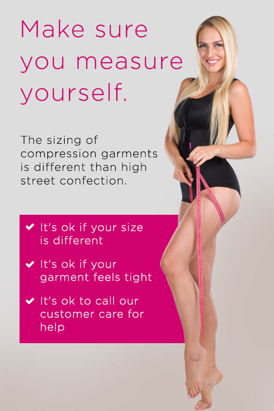 Woman wearing a black compression garment with a measuring tape, surrounded by text about garment sizing.
