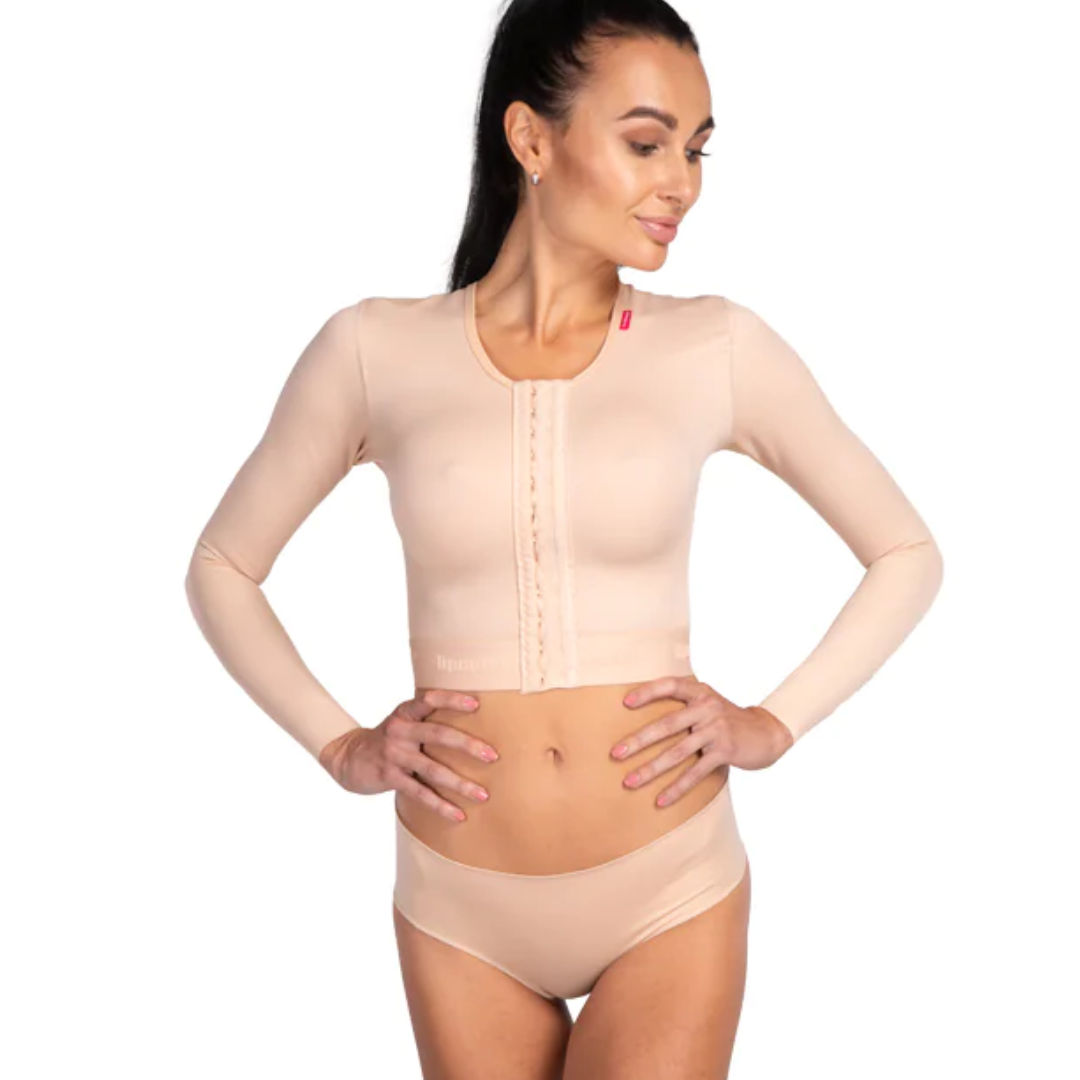 Front view of MT Smooth Variant compression vest in beige– long sleeves with front hook-and-eye closure