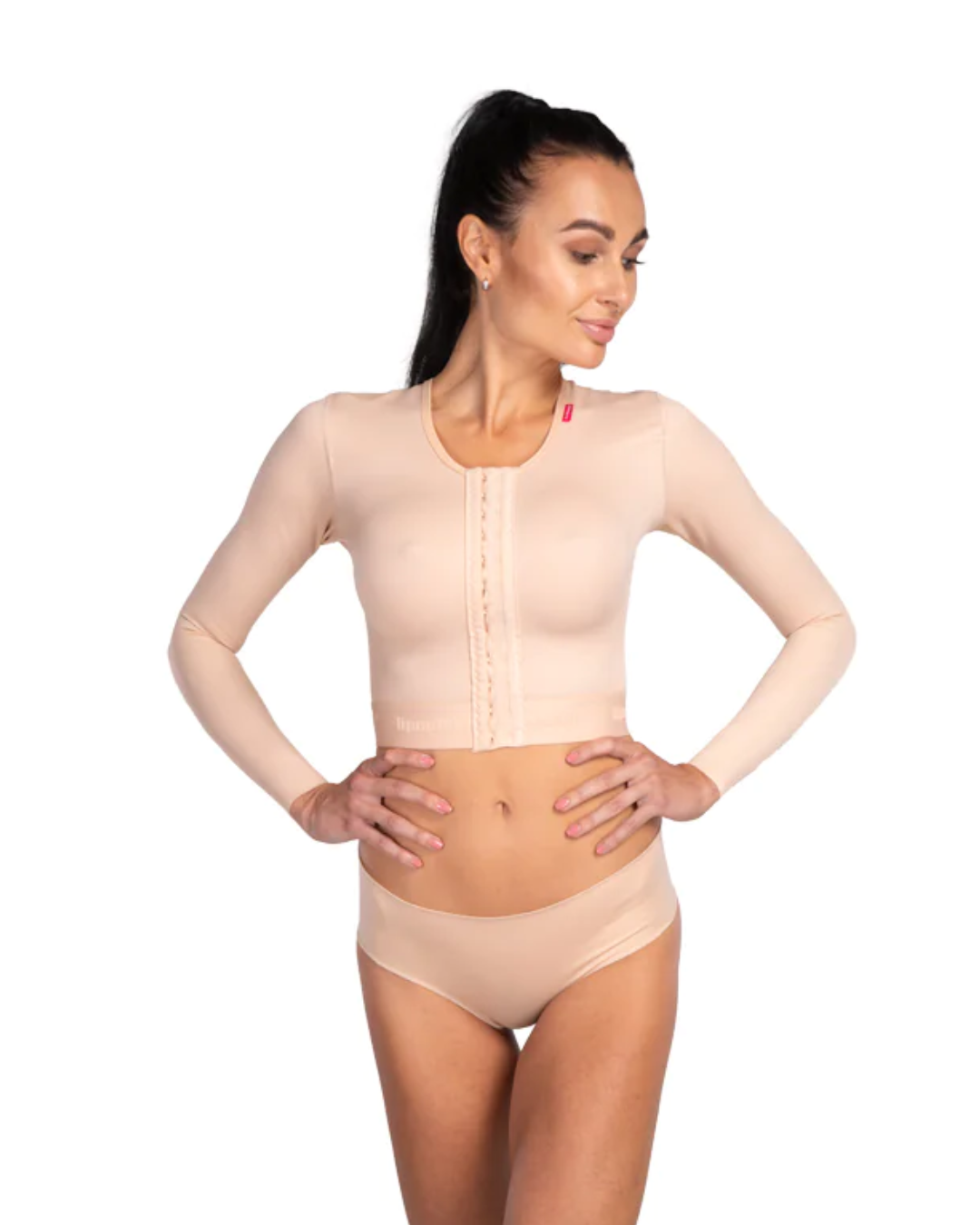 Front view of MT Smooth Variant compression vest in beige– long sleeves with front hook-and-eye closure