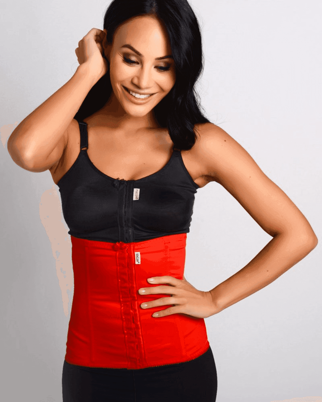 Macom Medical waist sculptor compression garment with front fastening hook and eyes and side boning
