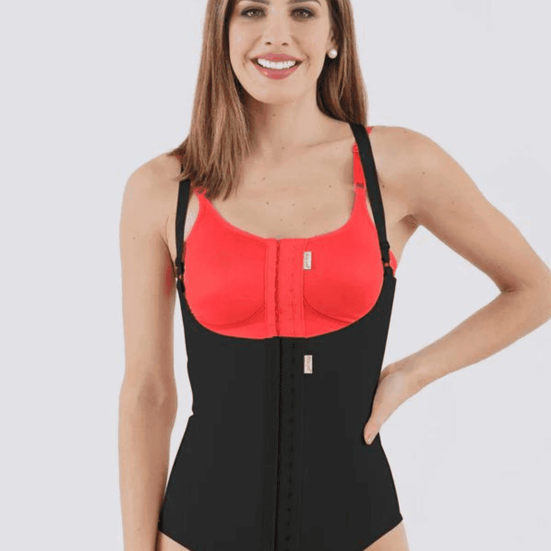 Image of lady wearing the macom high back girdle in black. Suitable for abdominal surgeries including caesarean delivery and liposuction procedures