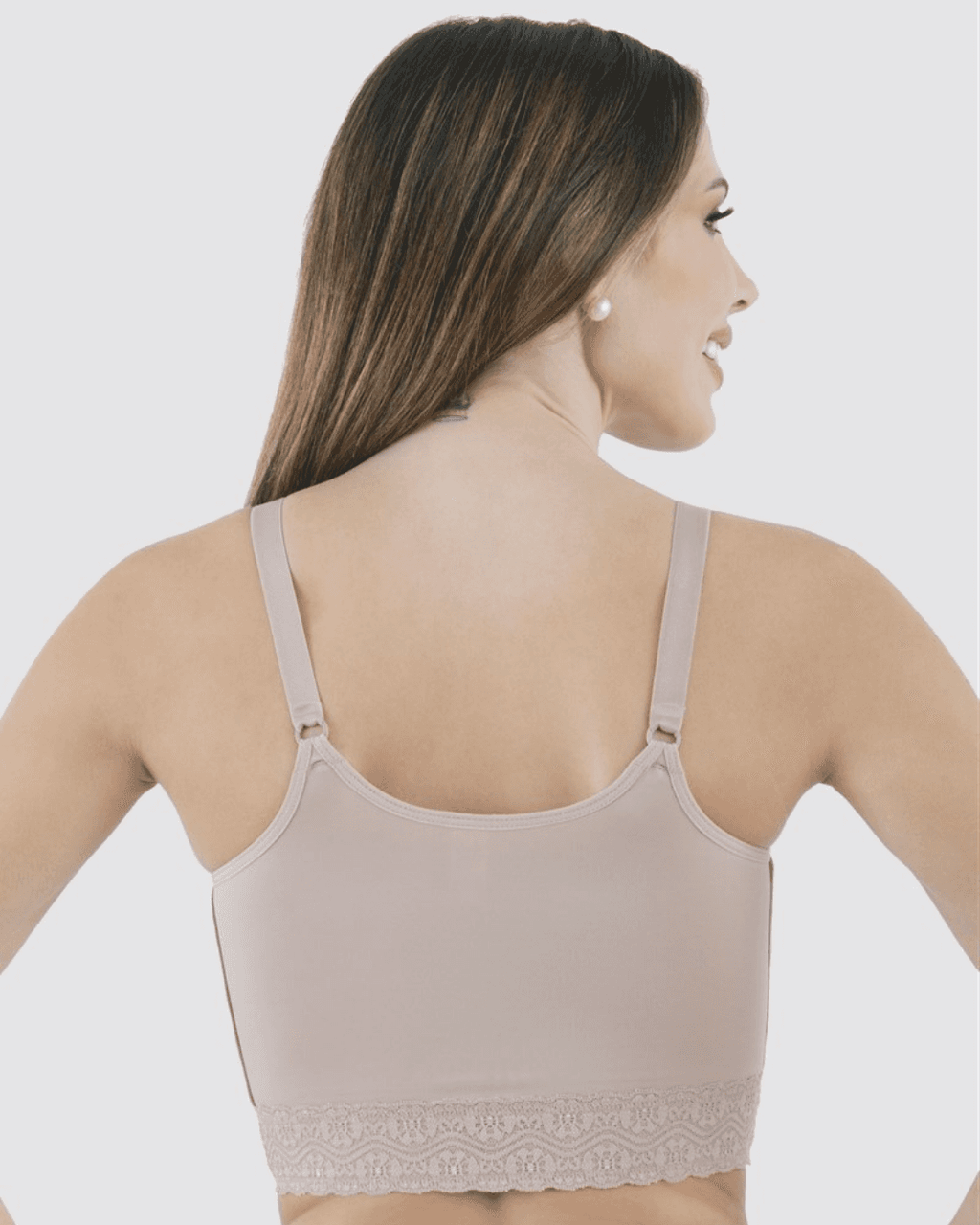 Image of the macom second stage post surgery bra in clay featuring a deep underband to help with posterior support 