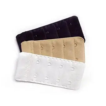 Image of a 3-pack of bra extenders in white, beige, and black. These extenders offer added comfort and flexibility, allowing for adjustments to bra sizes and accommodating changes during pregnancy. Available in 2 or 3 hook and eye options. A must-have accessory for every lingerie drawer.