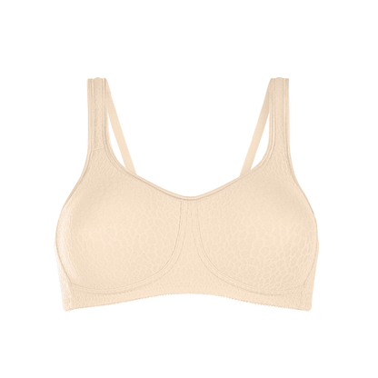 The Amoena Mona mastectomy Bra with pockets with seamless, non-wired cups. Made with Meryl Microfibre for superior comfort and support. The straps are lightly padded and designed to be wider across the shoulders, reducing tension on the neck and shoulders. This bra is suitable for post-surgery wear and comes in white, black, and champagne
