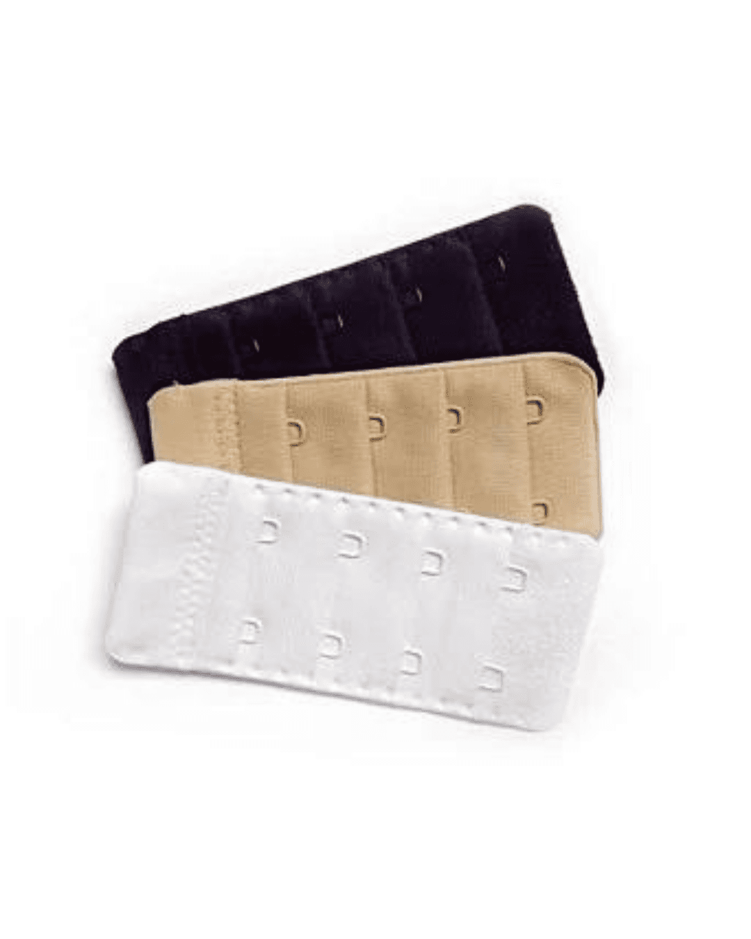 Image of a 3-pack of bra extenders in white, beige, and black. These extenders offer added comfort and flexibility, allowing for adjustments to bra sizes and accommodating changes during pregnancy. Available in 2 or 3 hook and eye options. A must-have accessory for every lingerie drawer.