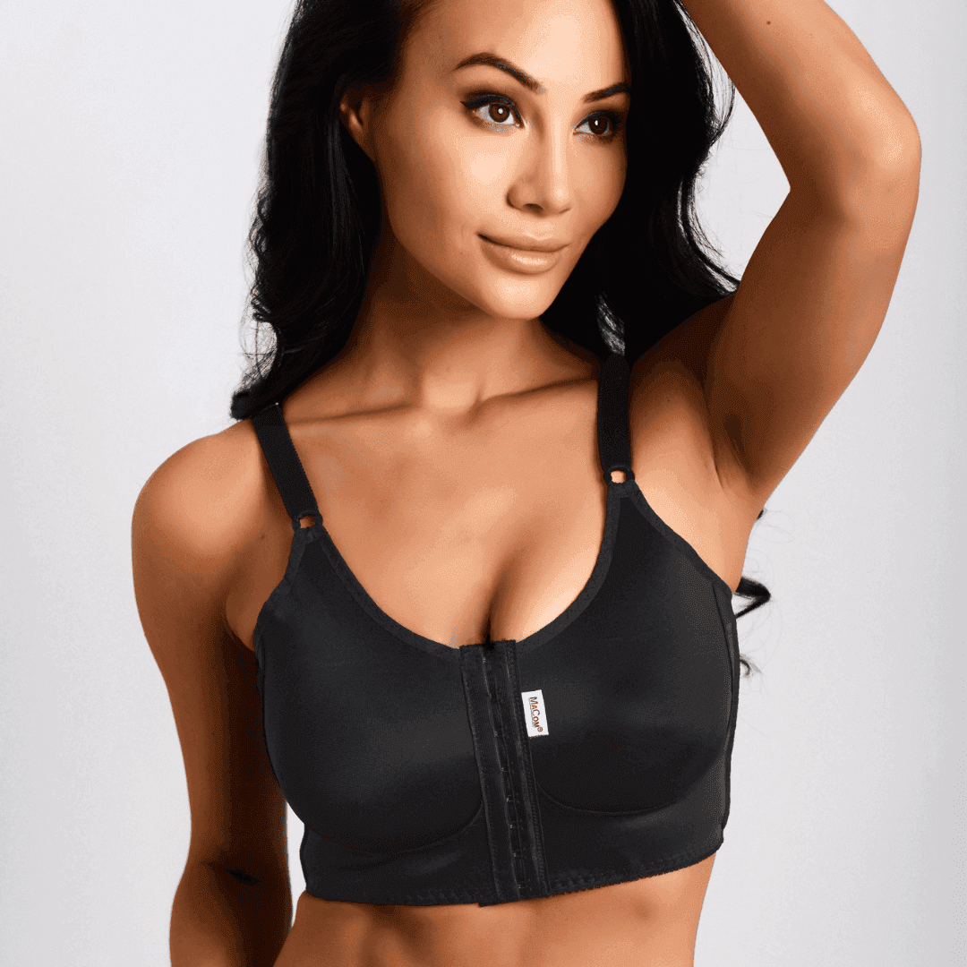 The Macom i bra post operative bra in black This Macom bra  is the most supportive post surgery bra from the Macom range. It is ideal for larger implants (350cc or larger) The i-Bra is suitable for anatomical implants and helps prevent implant rotation. The compression around the back will not only stabilise the implant but also will help to minimise swelling. 