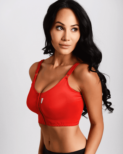 Macom Signature bra in red suitable for most breast surgeries including augmentation 
